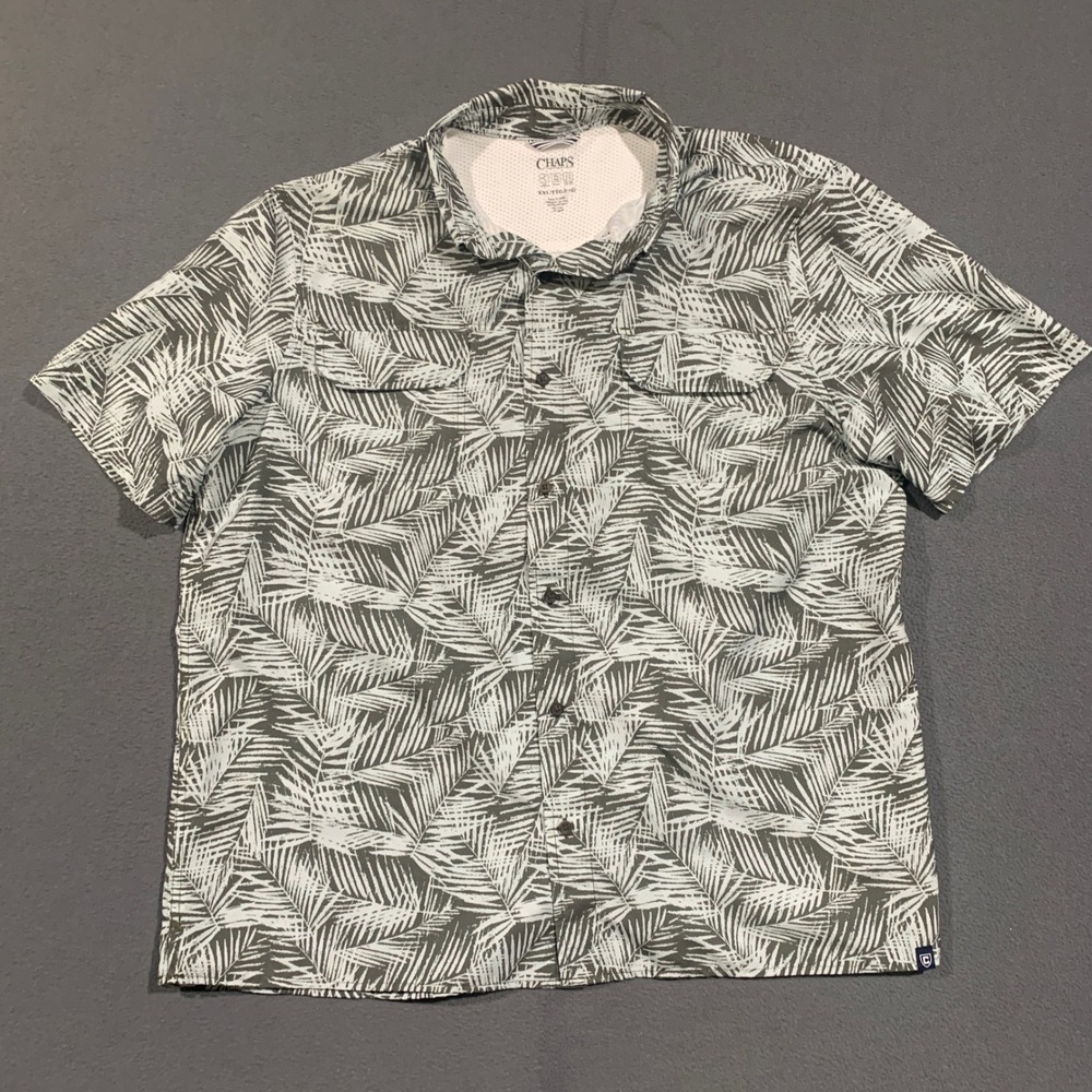 Chaps Performance Shirt Mens XXL Gray Palm Leaf Print Short Sleeve Button Down
